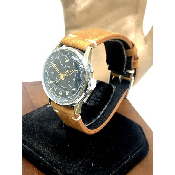 Felder Delbana Men's Watch Vintage Swiss Manual Wind WWII Chronograph Black Dial - Picture 2 of 15